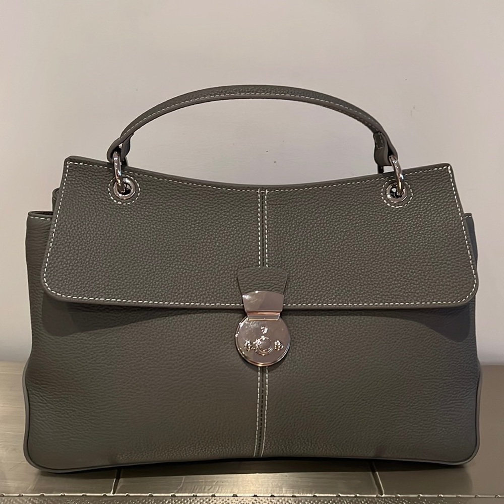 Taupe Grey Real Leather Handbag Tote 12”x8.5”x5” with Handle and Shoulder Strap